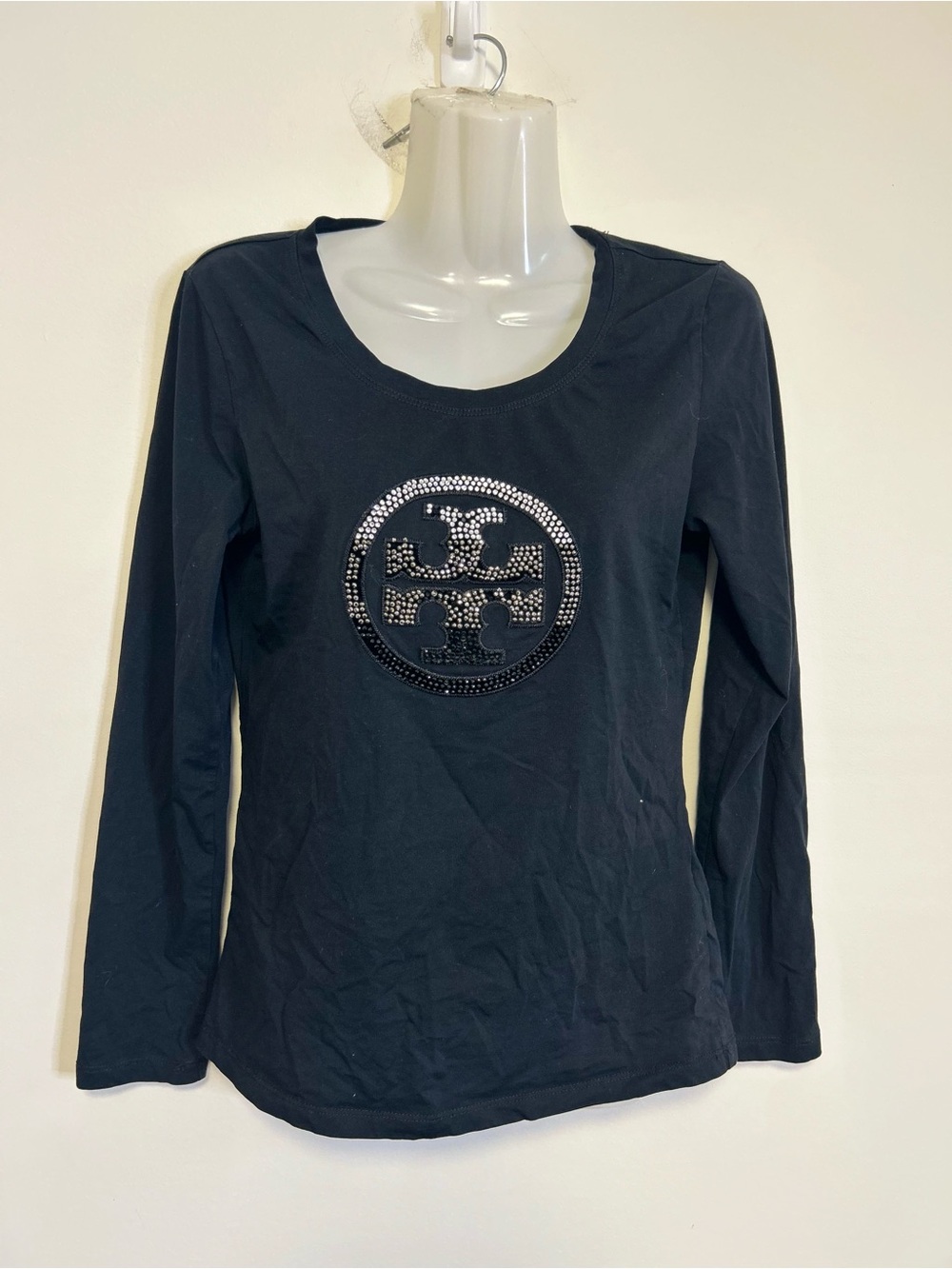 Tory Burch Long Sleeve Rhinestone Logo Top